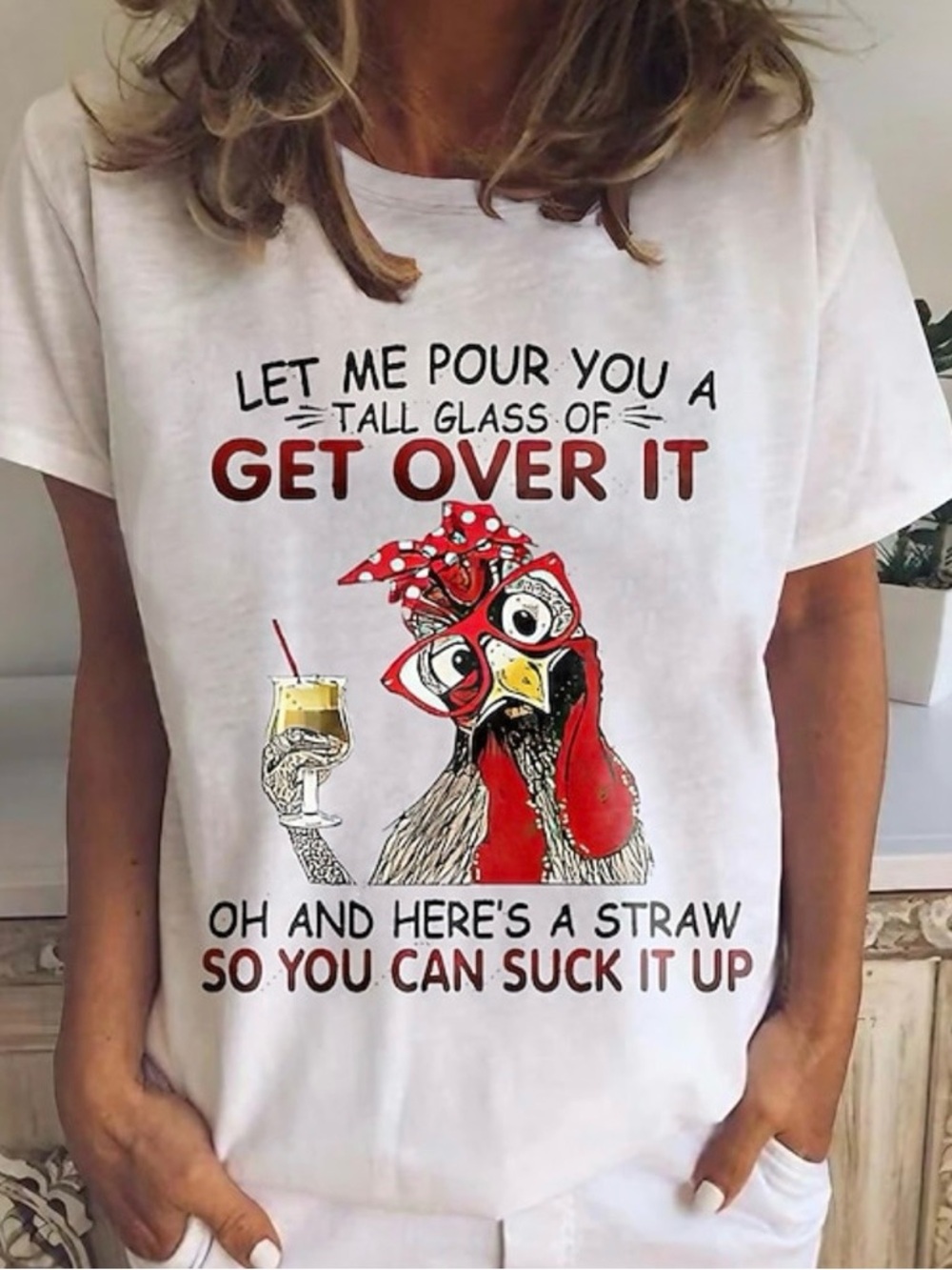 🐓’Get Over It’ Funny White Chicken Graphic Tee
